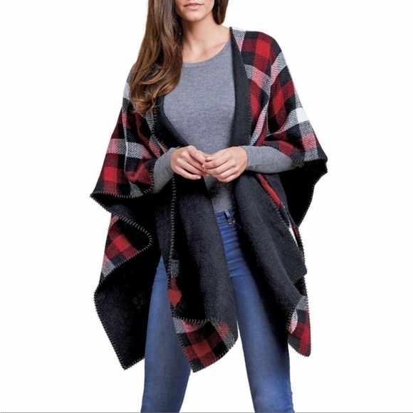 Woolrich Reversible Blanket Wrap Buffalo Check Red White Black Shawl Poncho - Picture 11 of 11